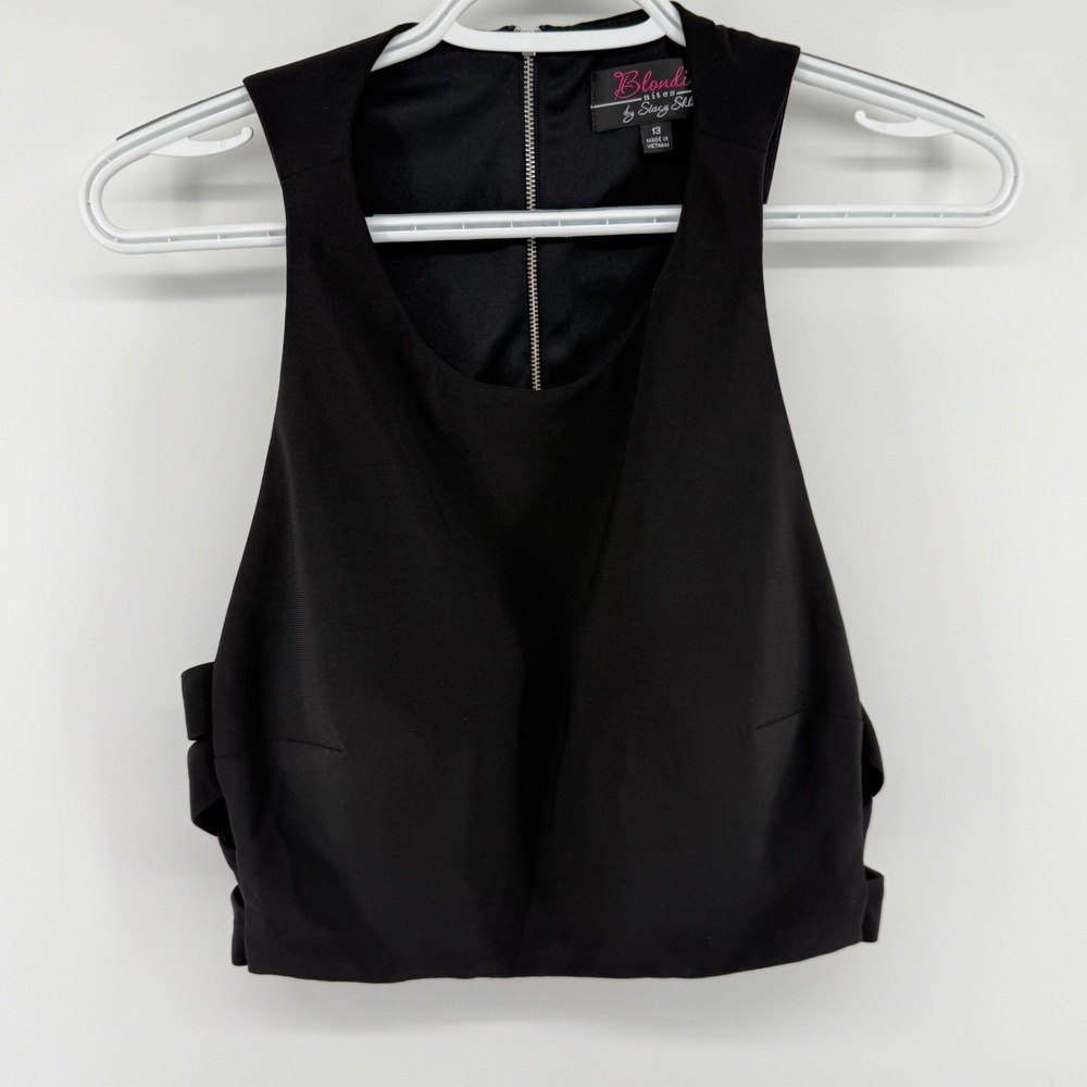 Blondie Nites Stacy Sklar Black Side‎ Cutout Strappy Crop Top High Neck Size 13